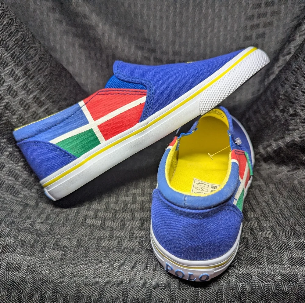 Blue And Yellow Ralph Lauren Polo Slip-On Sneakers with Embroidered RL-93 Logo.